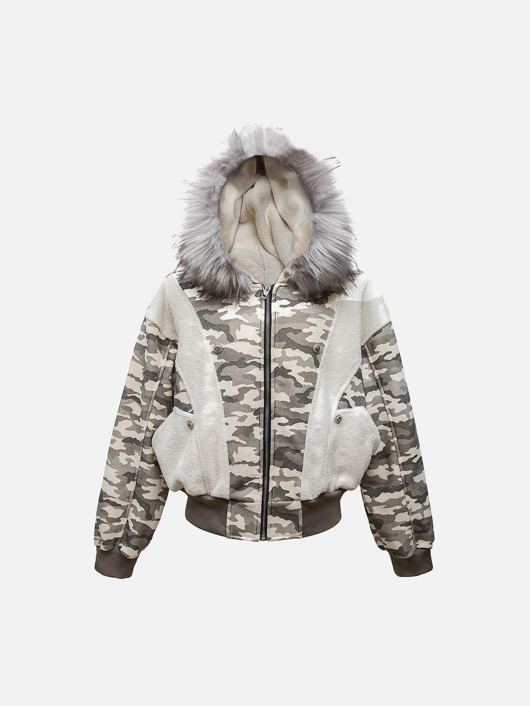 Front view of gray camouflage fleece jacket with fur hood by TALISHKO, featuring a bold design.
