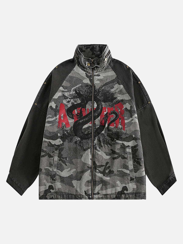 Front view of TALISHKO military jacket in gray camouflage with bold red graphic accents.