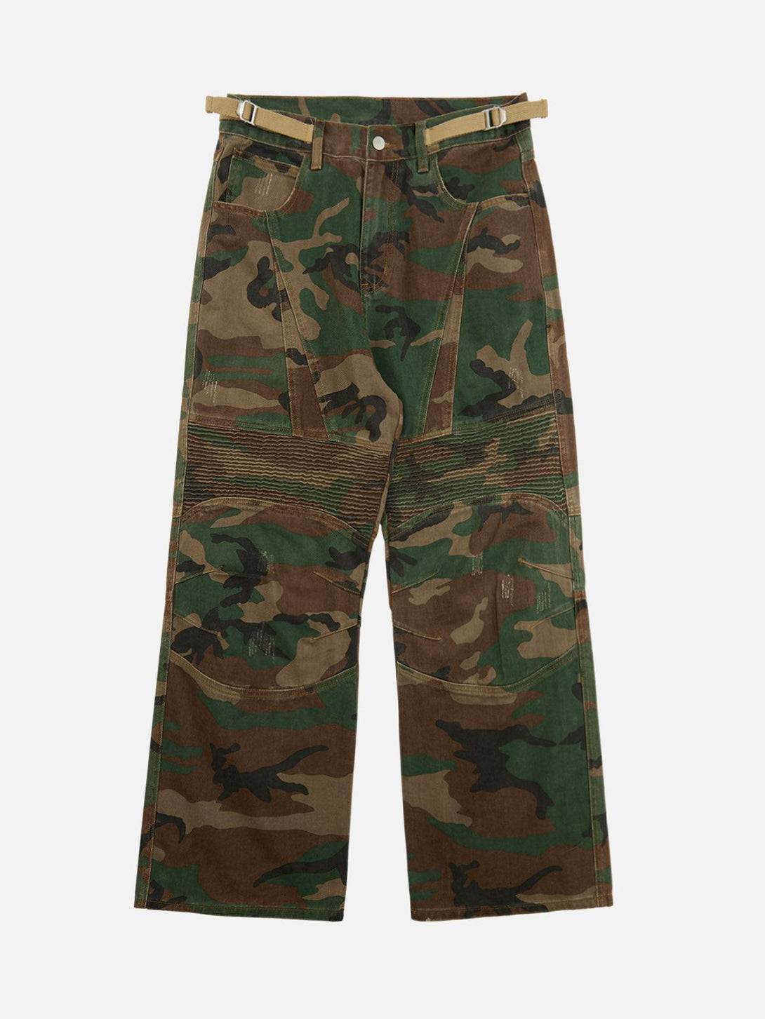 Front view of classic camouflage pleated pants by TALISHKO, showcasing urban style.
