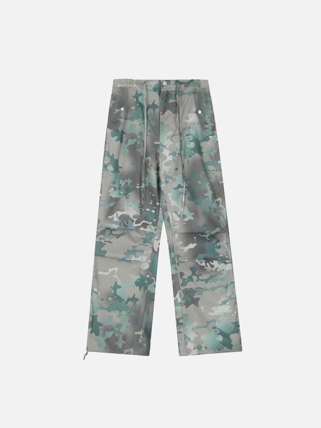 Front view of TALISHKO camo tie-dye cargo pants, showcasing a trendy street style look.