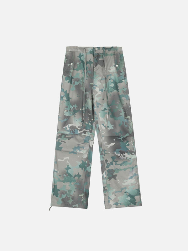 Front view of TALISHKO camo tie-dye cargo pants, showcasing a trendy street style look.