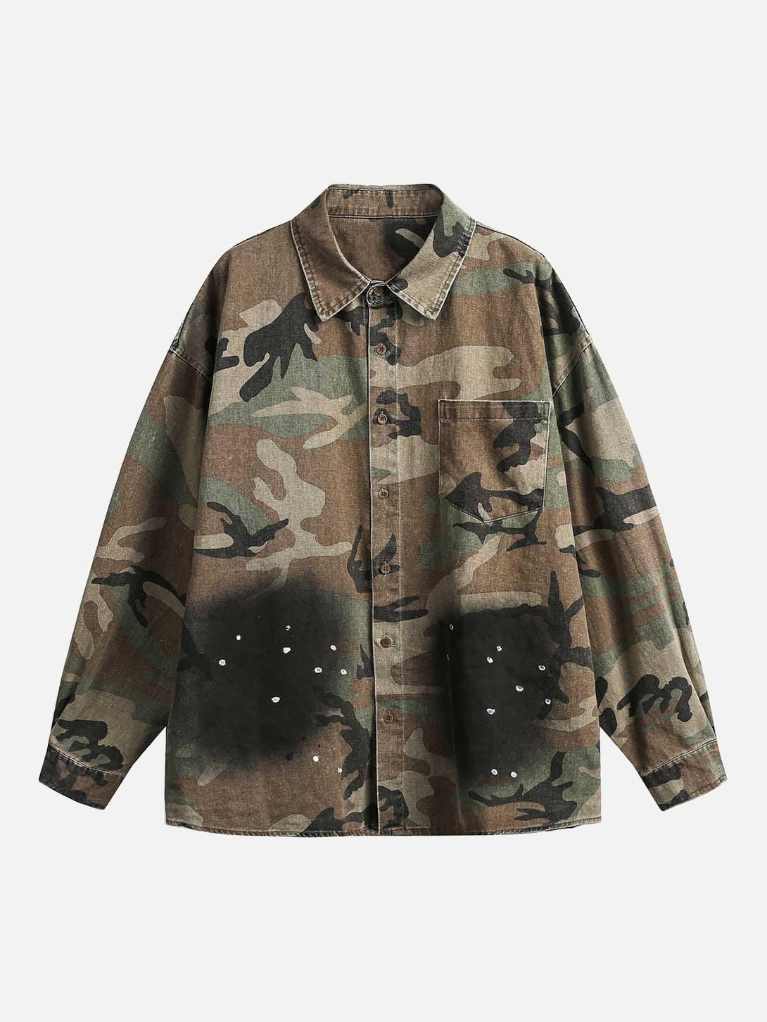 Front view of a green camouflage denim shirt by TALISHKO, featuring a distressed design.