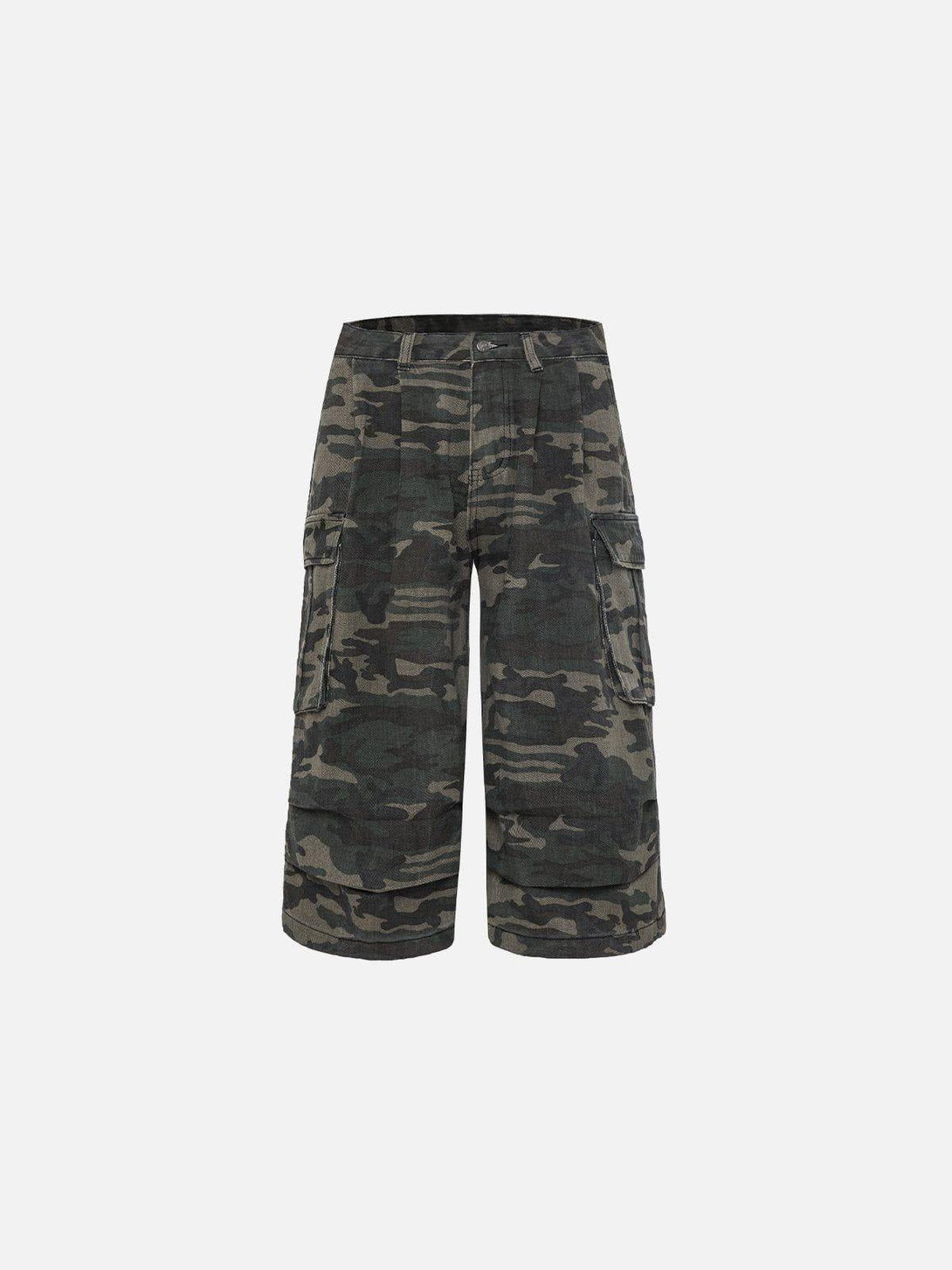 Front view of green camo longline jorts by TALISHKO, featuring a rugged, casual design.