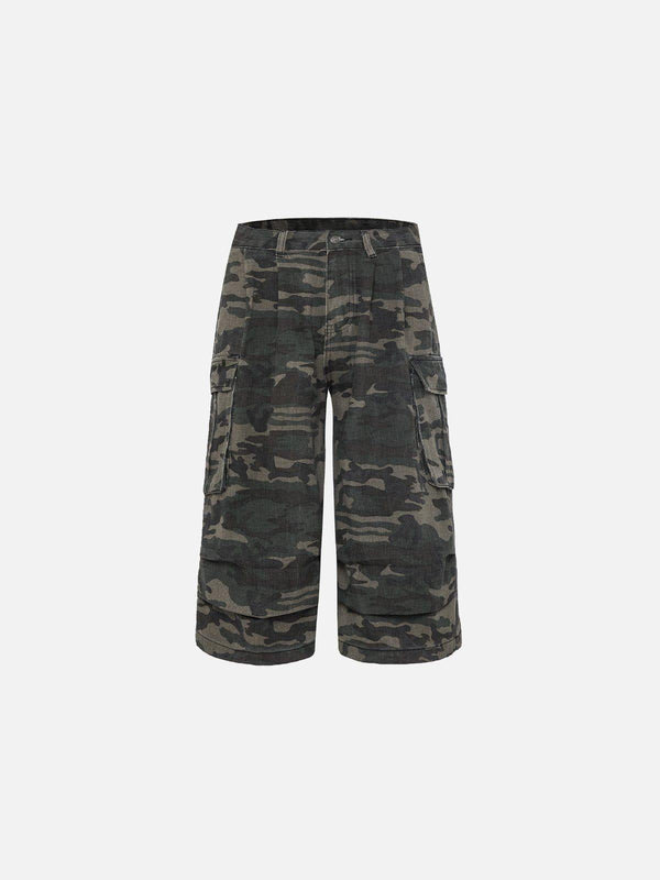 Front view of green camo longline jorts by TALISHKO, featuring a rugged, casual design.