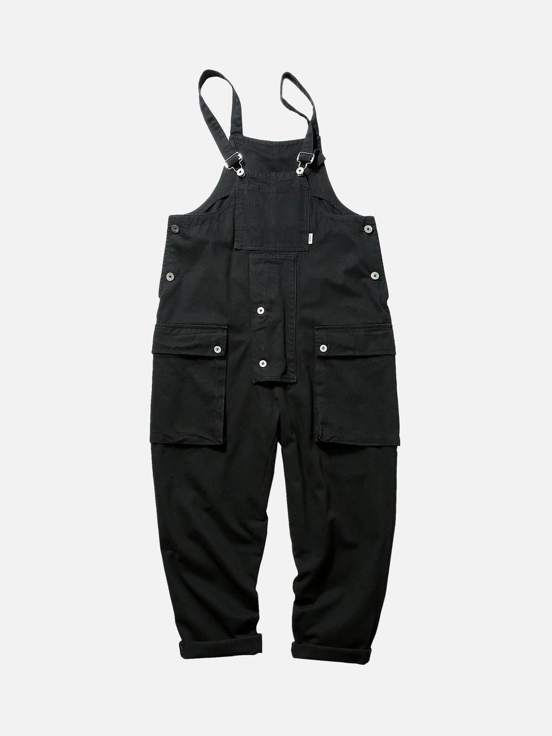 Black cargo overall pants by TALISHKO, front view showcasing utility pockets and adjustable straps.