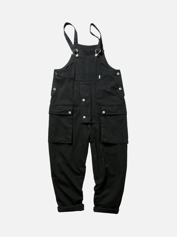 Black cargo overall pants by TALISHKO, front view showcasing utility pockets and adjustable straps.