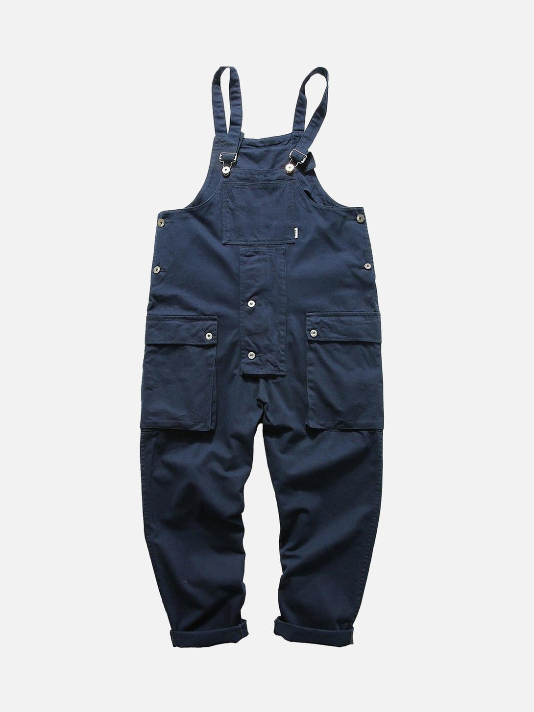 Blue cargo overall pants by TALISHKO, front view highlighting utility pockets and rolled cuffs.