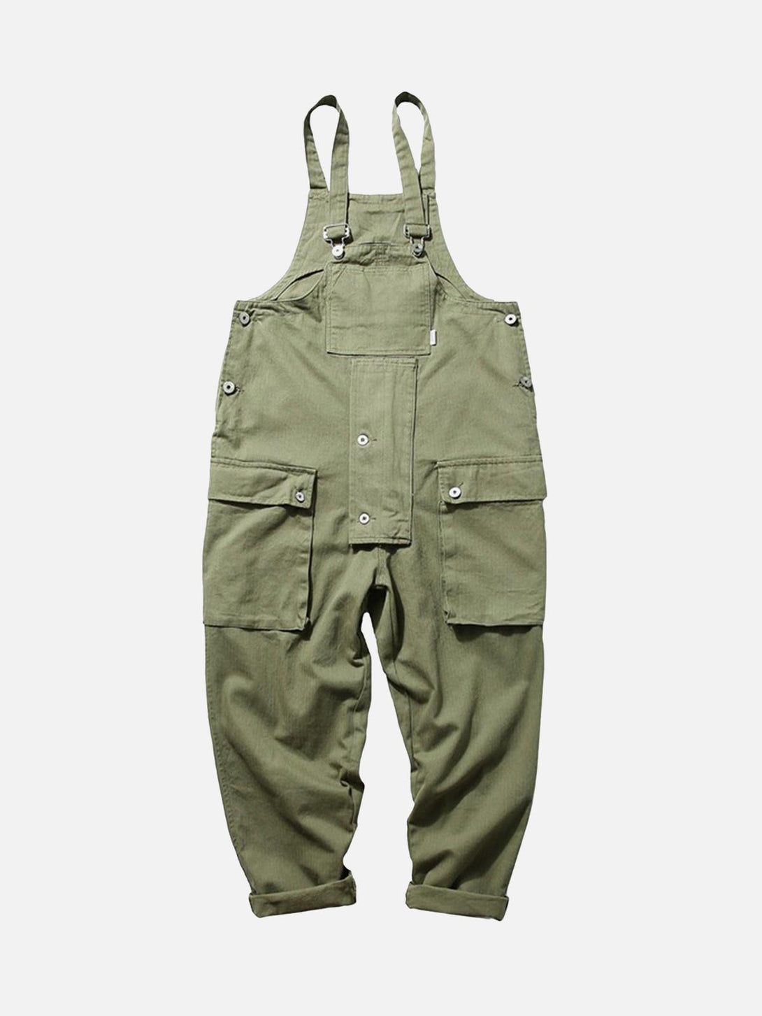 Green cargo overall pants by TALISHKO, front view with utility pockets and adjustable straps.