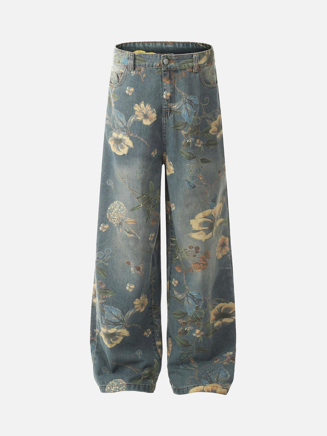 Floral blue carpenter pants by TALISHKO, showcasing a relaxed fit and street-inspired design.