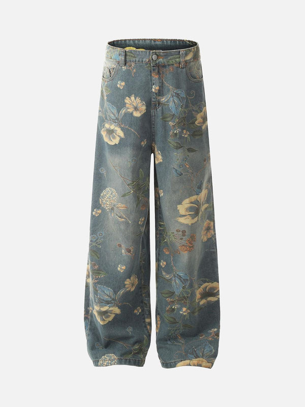 Floral blue carpenter pants by TALISHKO, showcasing a relaxed fit and street-inspired design.