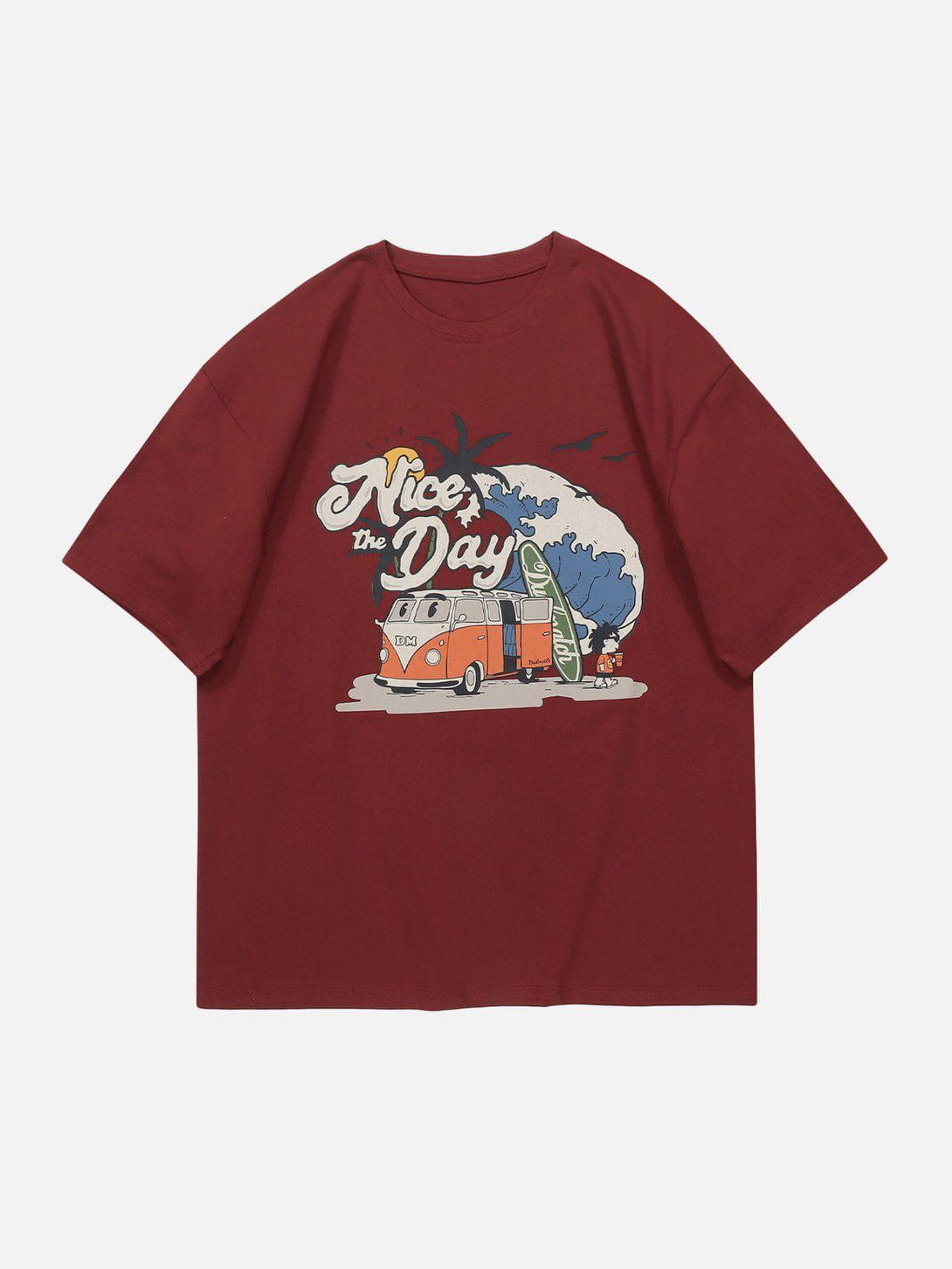 Front view of a red TALISHKO tee with a playful cartoon car print, ideal for sunny days.