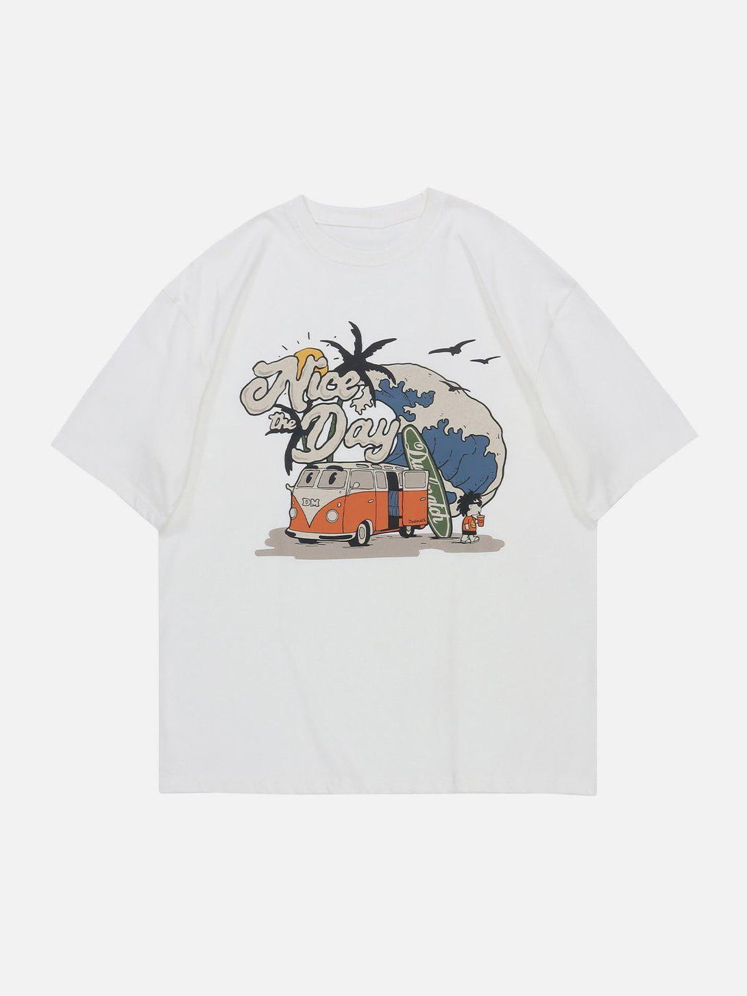 Front view of a white TALISHKO cartoon car print tee, featuring a playful summer design.