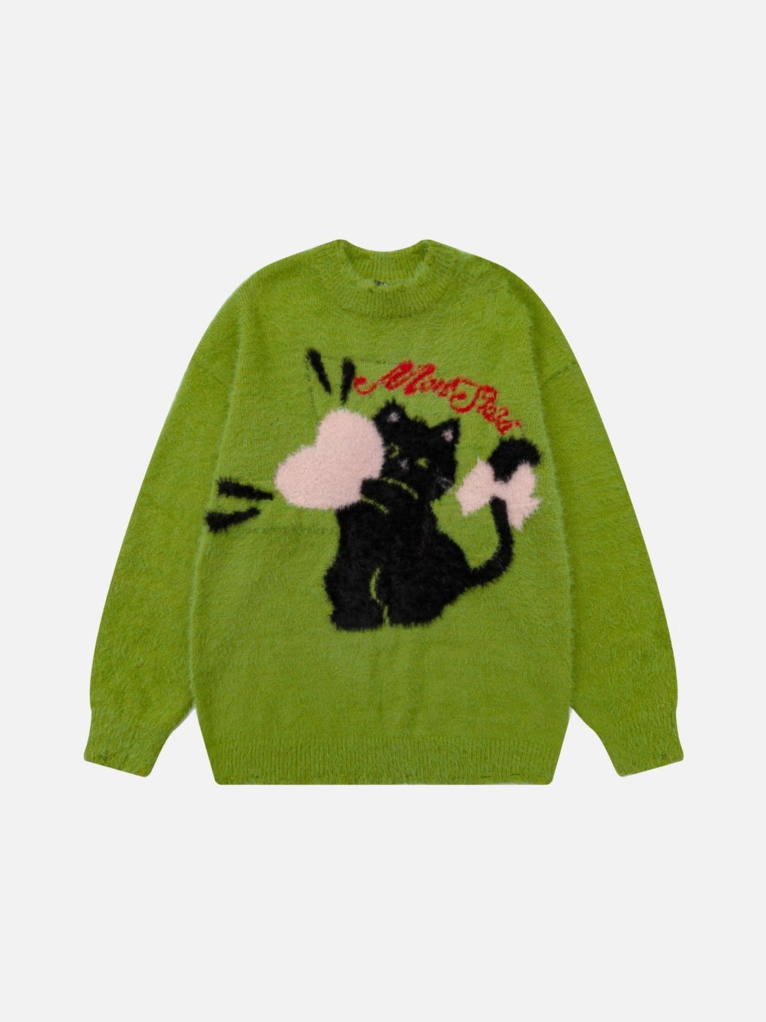 Front view of a green cartoon cat jacquard sweater by TALISHKO, perfect for playful street style.