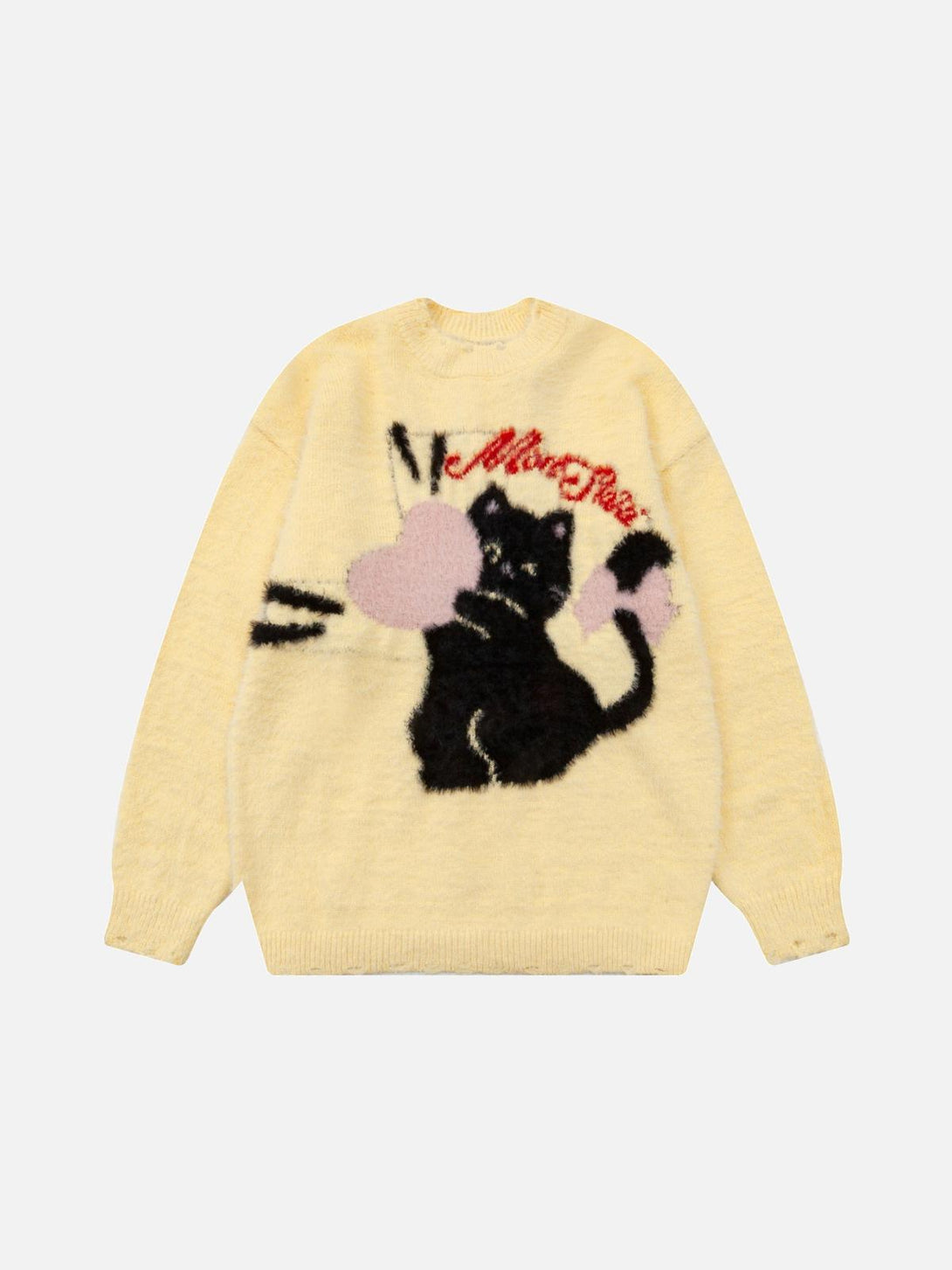A yellow cartoon cat jacquard sweater by TALISHKO, featuring playful streetwear style.