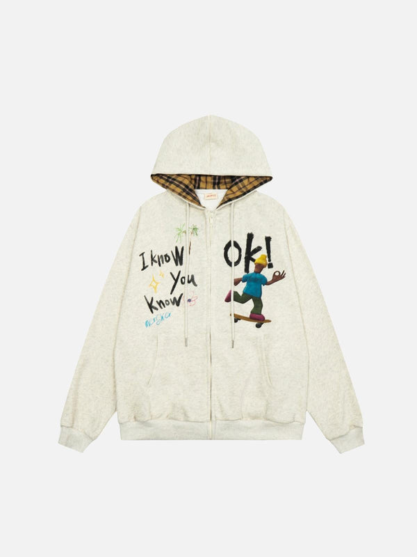 Front view of TALISHKO hoodie in flower ash, featuring playful cartoon graphics and text.