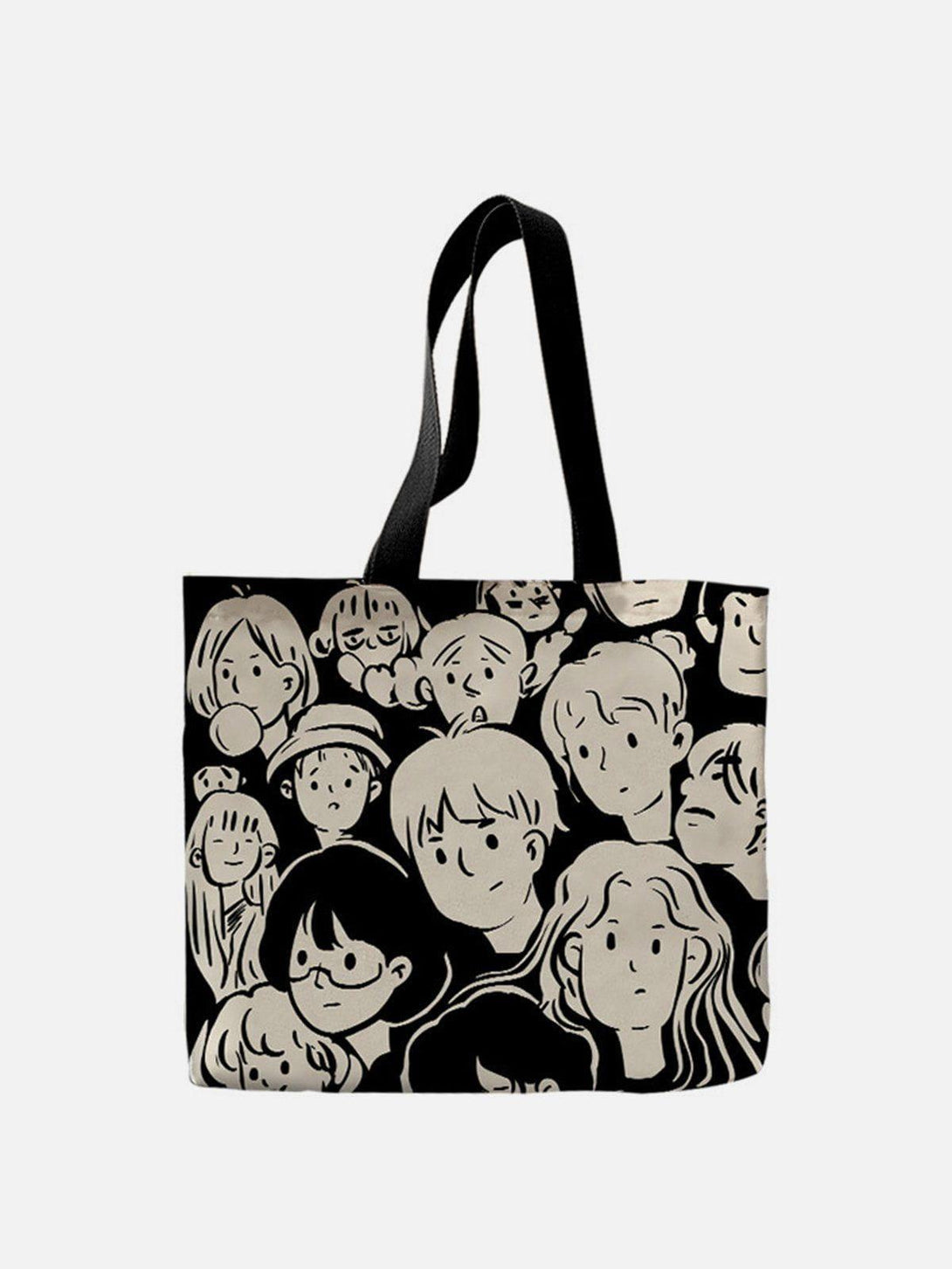 TALISHKO tote bag featuring cartoon character print on a black background, perfect for casual wear.