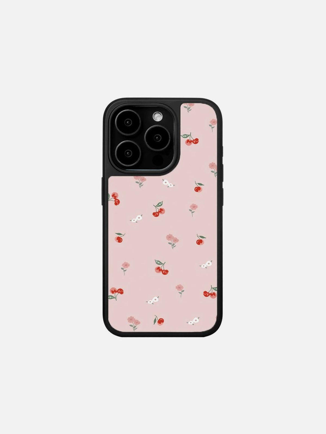 TALISHKO phone case in pink with a charming cherry and floral pattern, front view.