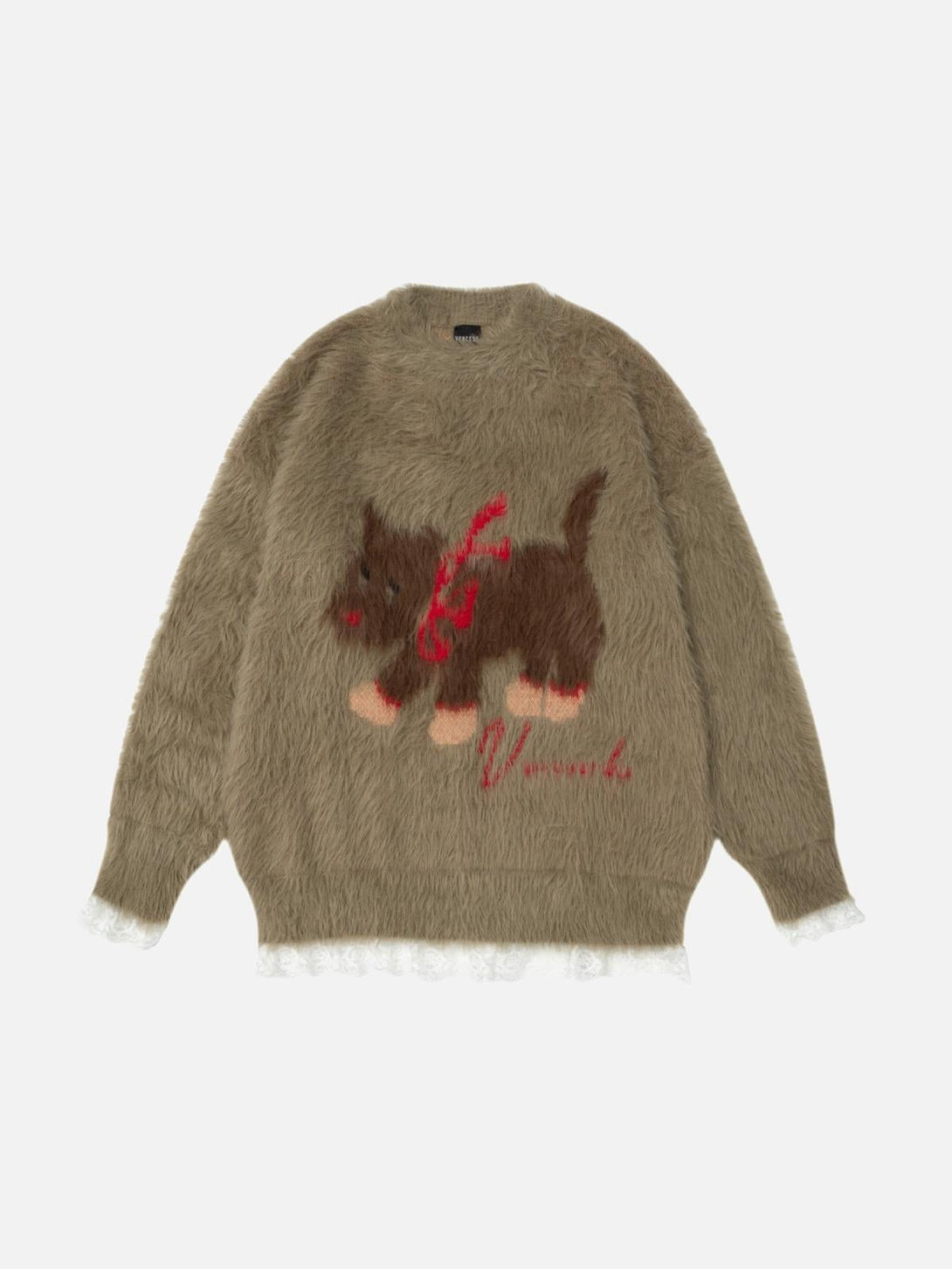 Front view of a coffee-colored Cartoon Dog Fun Sweater by TALISHKO, featuring a playful design.
