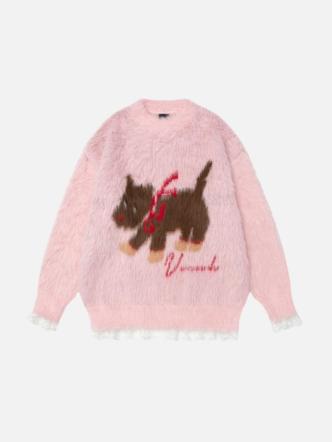 Front view of a pink Cartoon Dog Fun Sweater by TALISHKO, featuring a whimsical design.