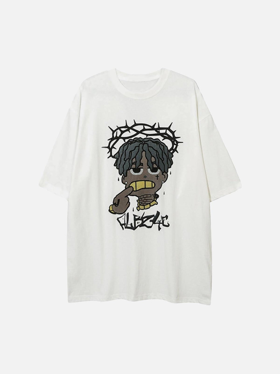 Front view of a white loose T-shirt with cartoon graphic, crafted by TALISHKO.