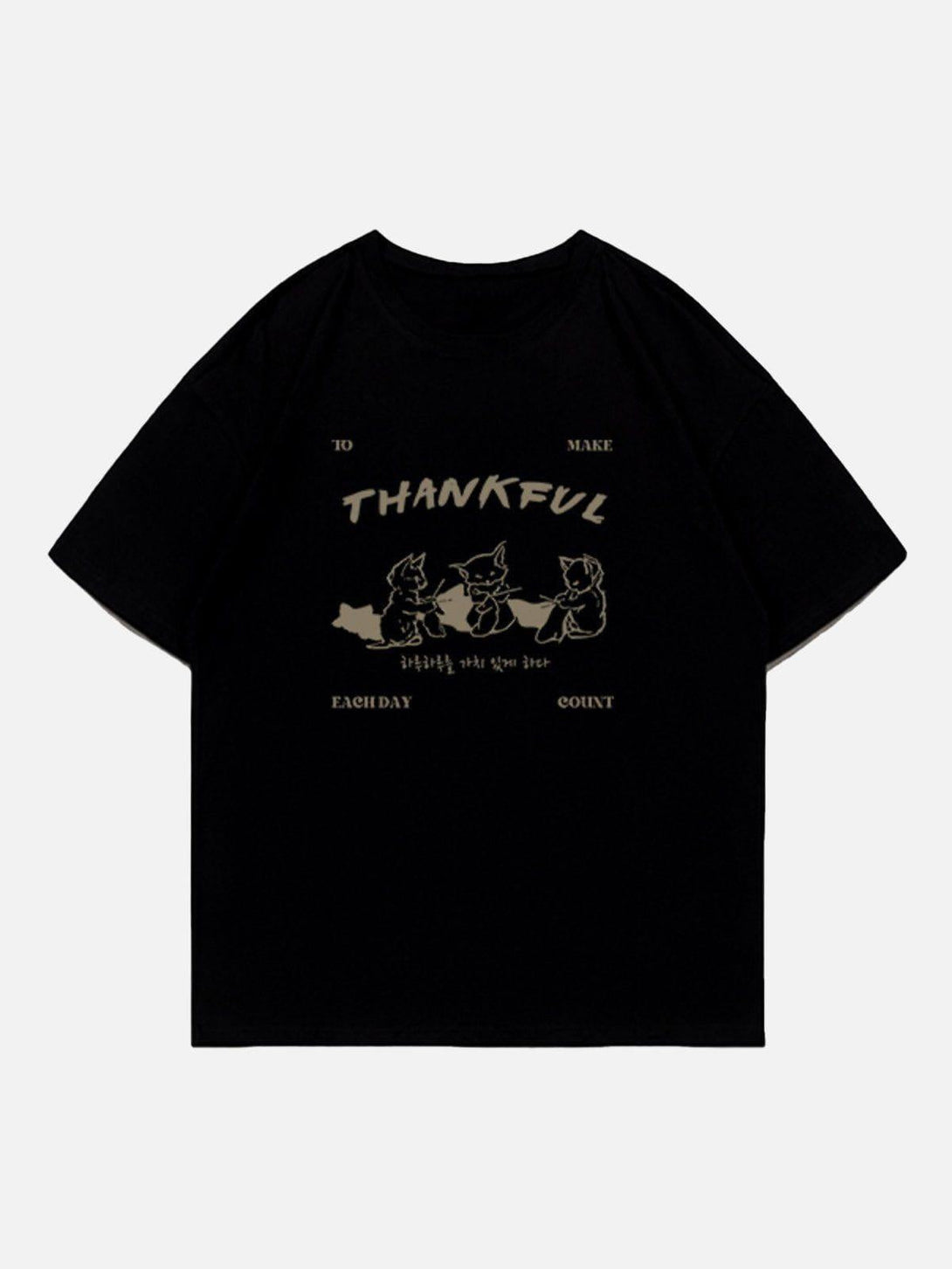 Front view of a black cartoon fox print tee by TALISHKO, featuring a playful and relaxed style.