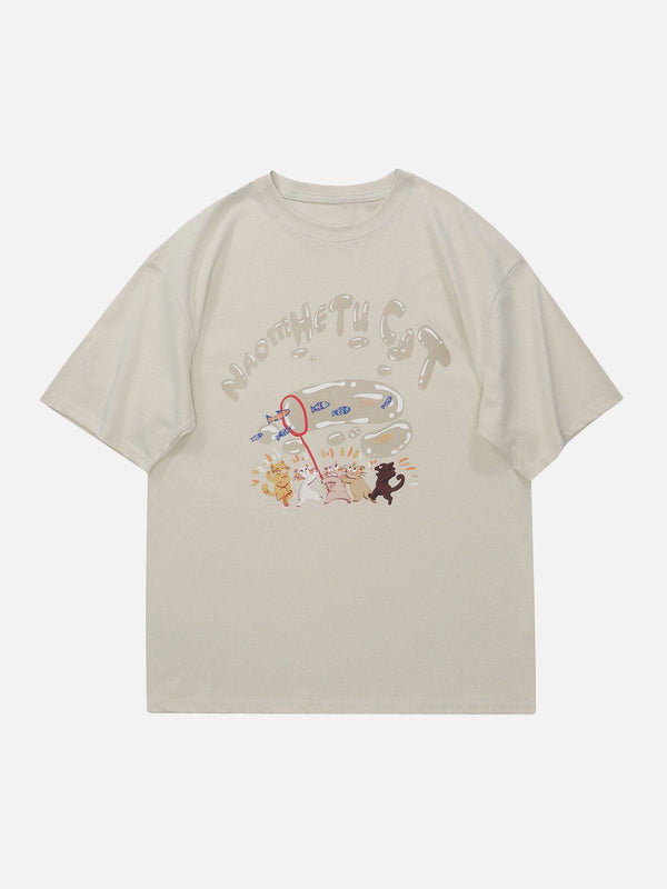 Front view of apricot graphic tee with cartoon kittens by TALISHKO, perfect for casual wear.