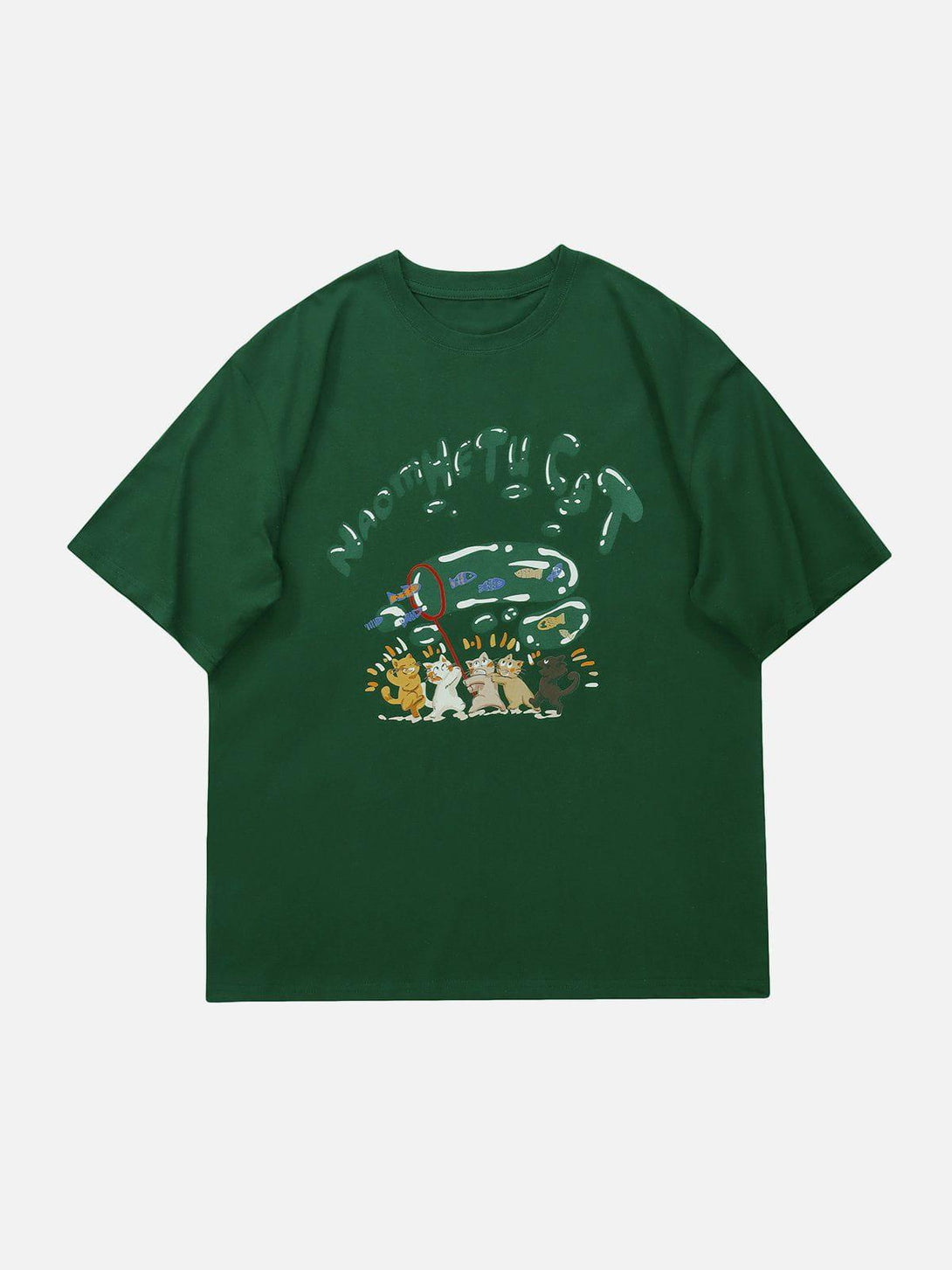 Front view of green graphic tee with cartoon kittens, designed by TALISHKO for casual flair.
