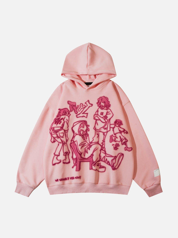 Pink hoodie featuring cartoon line characters by TALISHKO, showcasing a playful street style.