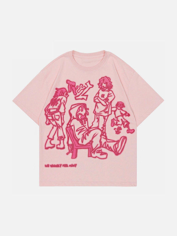Front view of a pink cartoon line character print tee by TALISHKO, perfect for casual wear.