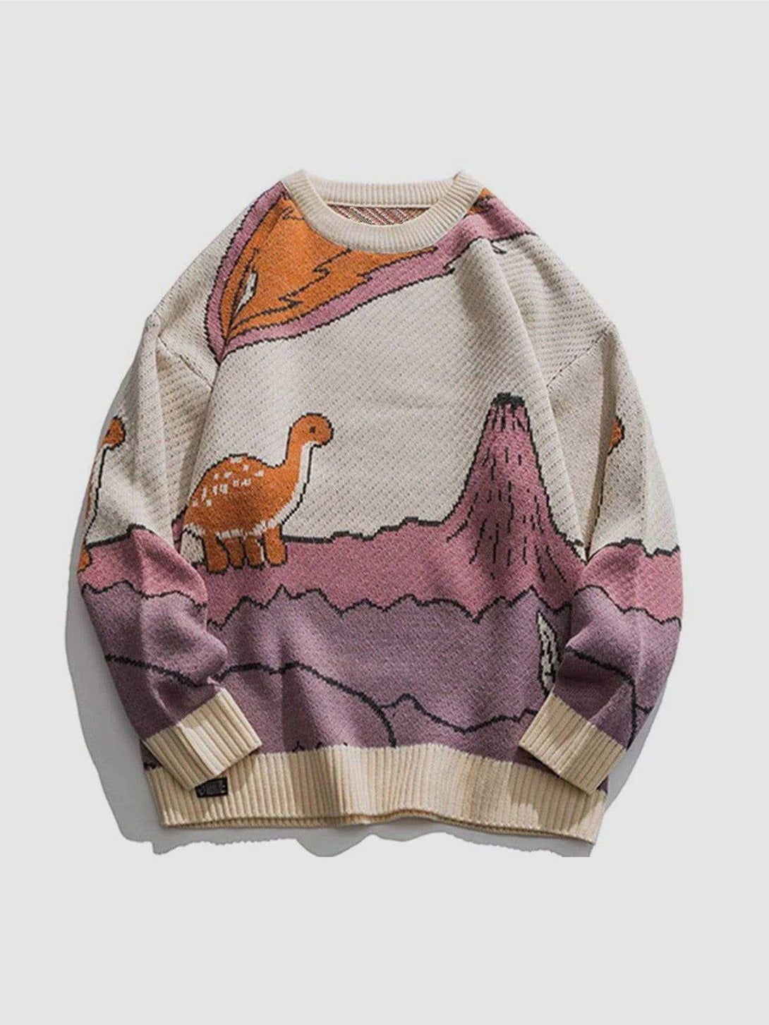 Front view of a beige dinosaur knit sweater by TALISHKO, featuring a whimsical design.