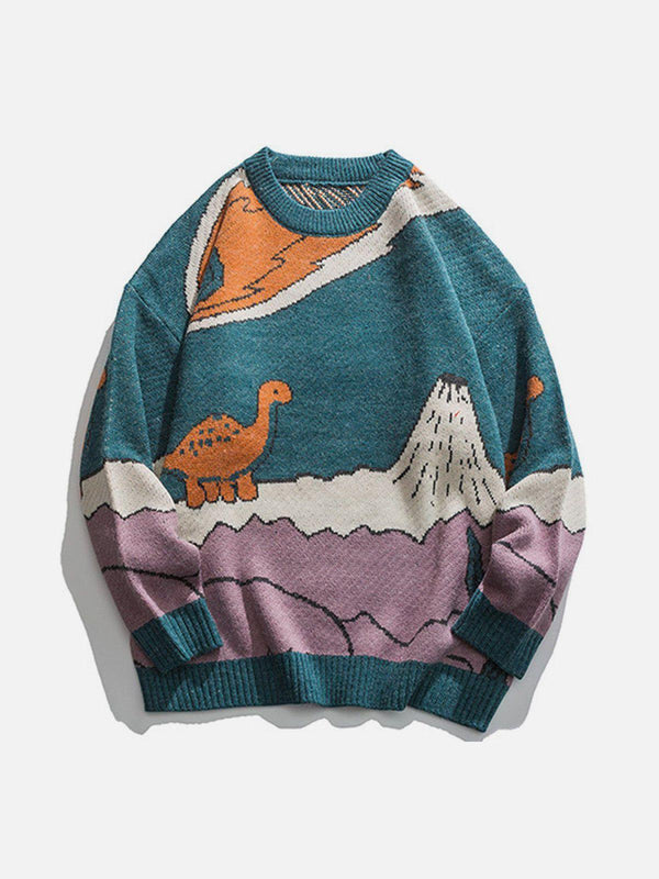 Front view of a blue cartoon dinosaur knit sweater by TALISHKO, featuring a playful design.