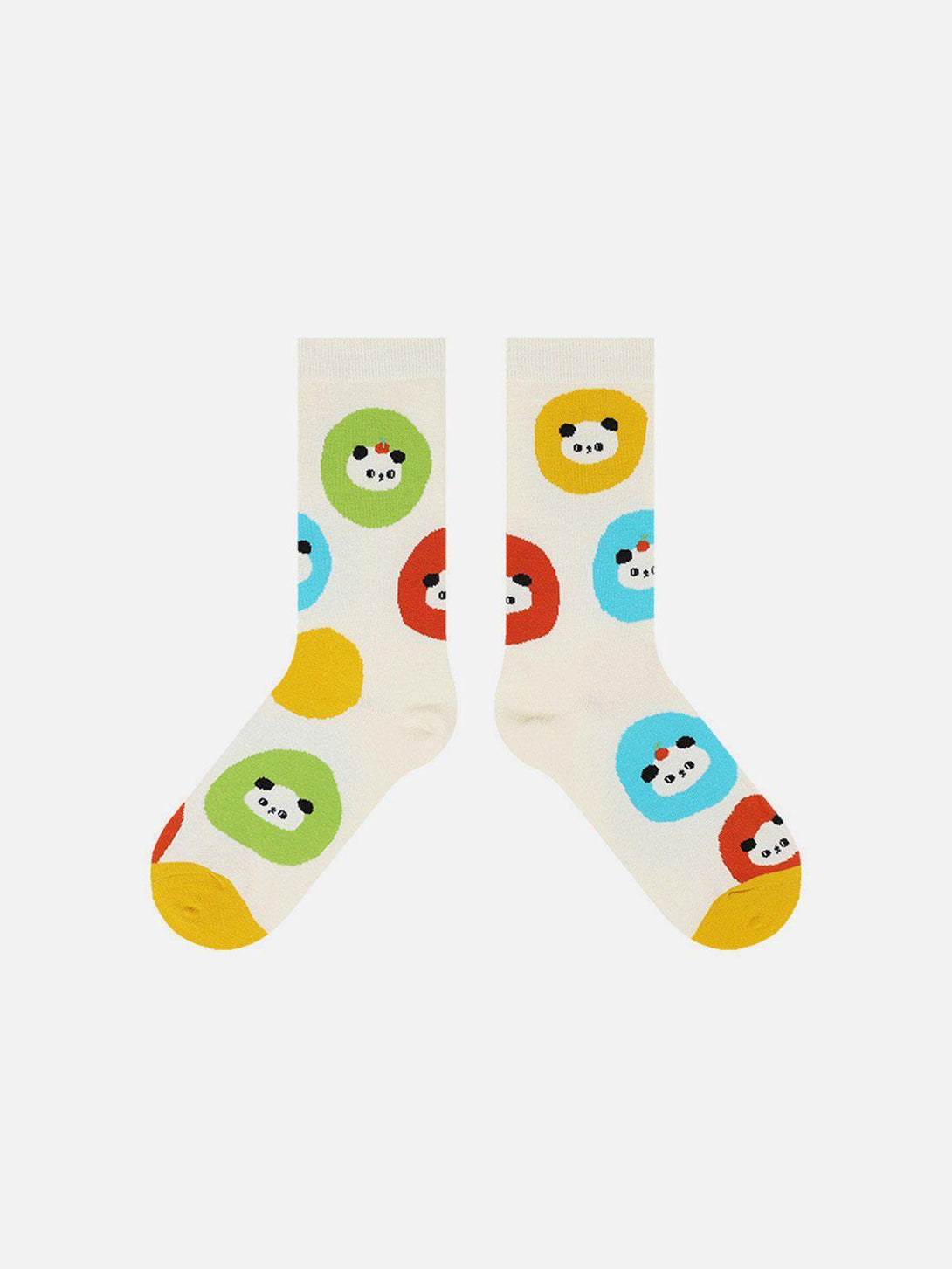 Front view of TALISHKO beige socks featuring colorful cartoon panda designs, adding playful style.
