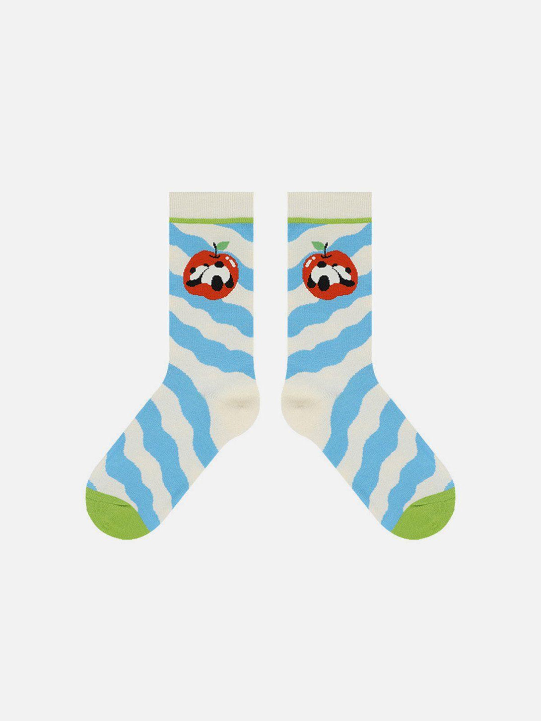 TALISHKO blue mid-calf socks with wavy stripes and cartoon panda design, perfect for trendy outfits.