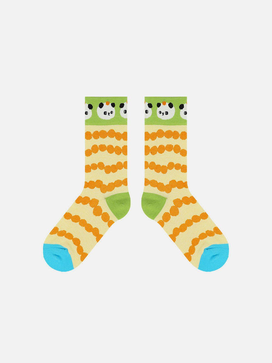 TALISHKO mid-calf socks with vibrant orange patterns and playful panda design, ideal for fun outfits.