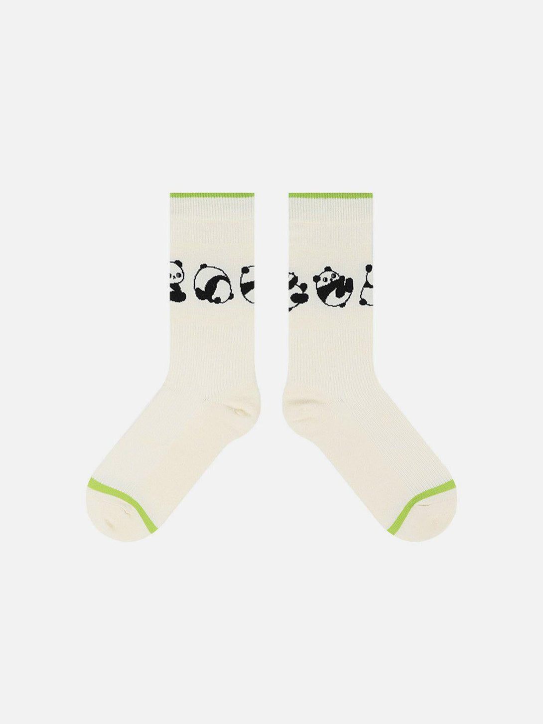 TALISHKO white mid-calf socks feature playful panda graphics and green accents, ideal for casual wear.