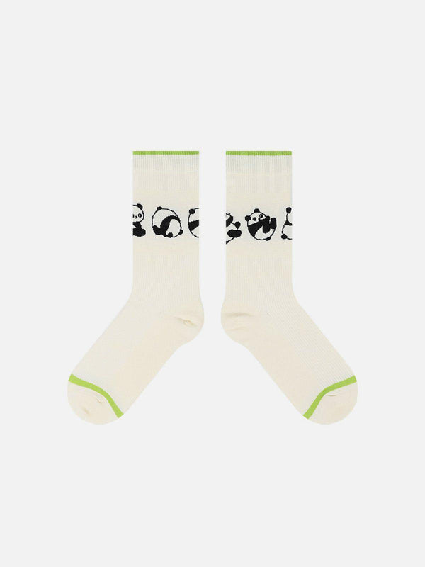 TALISHKO white mid-calf socks feature playful panda graphics and green accents, ideal for casual wear.