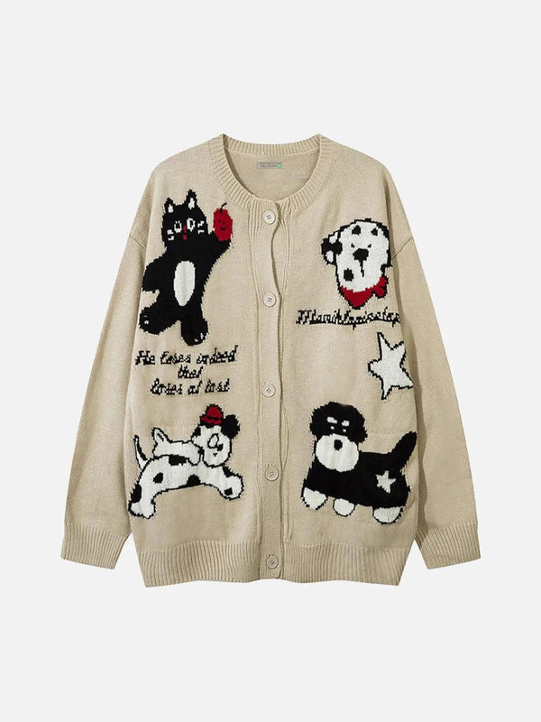 Khaki knitted cardigan featuring playful cartoon pets by TALISHKO, shown in a front view.