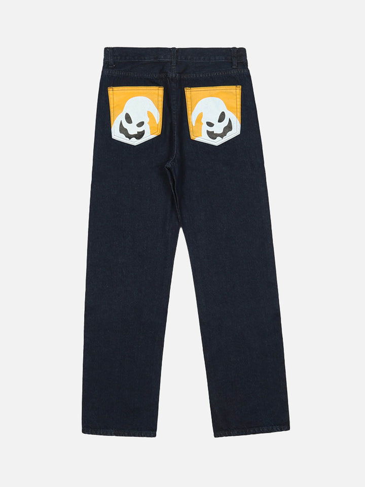 TALISHKO - Cartoon Pocket Print Washed Jeans, streetwear fashion, talishko.com