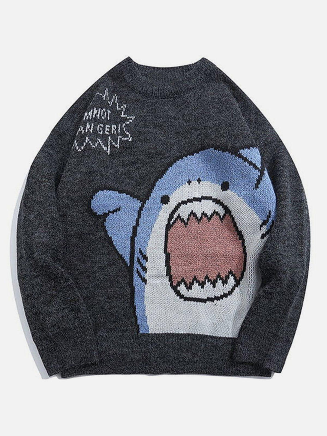 Front view of a black TALISHKO sweater with a fun cartoon shark design, perfect for casual wear.