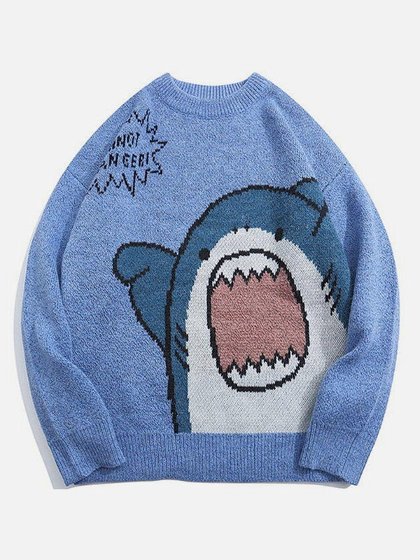 Playful blue knitted sweater featuring a cartoon shark design by TALISHKO, front view.