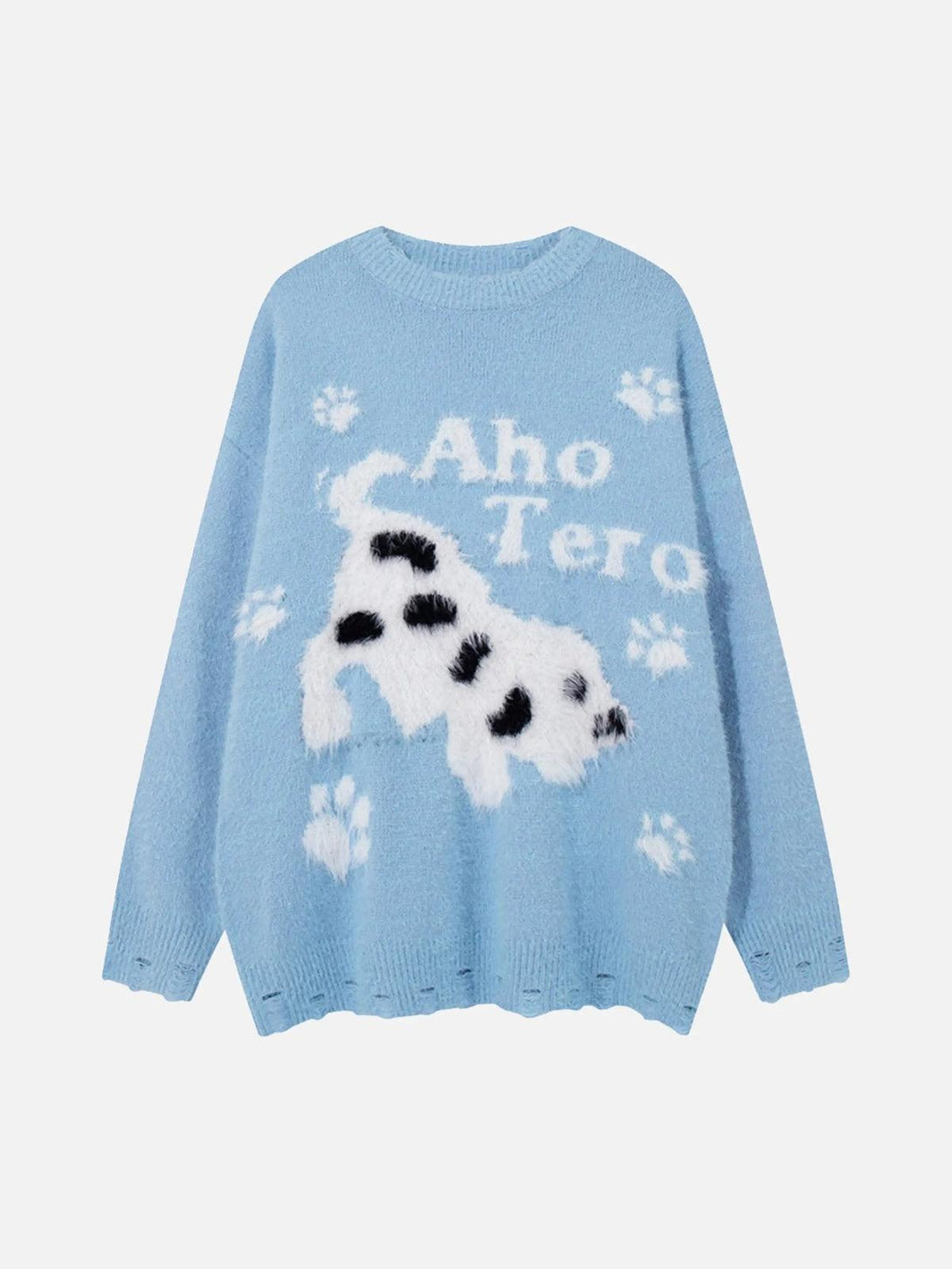 Front view of TALISHKO's blue sweater with a playful spotted puppy and paw print design.