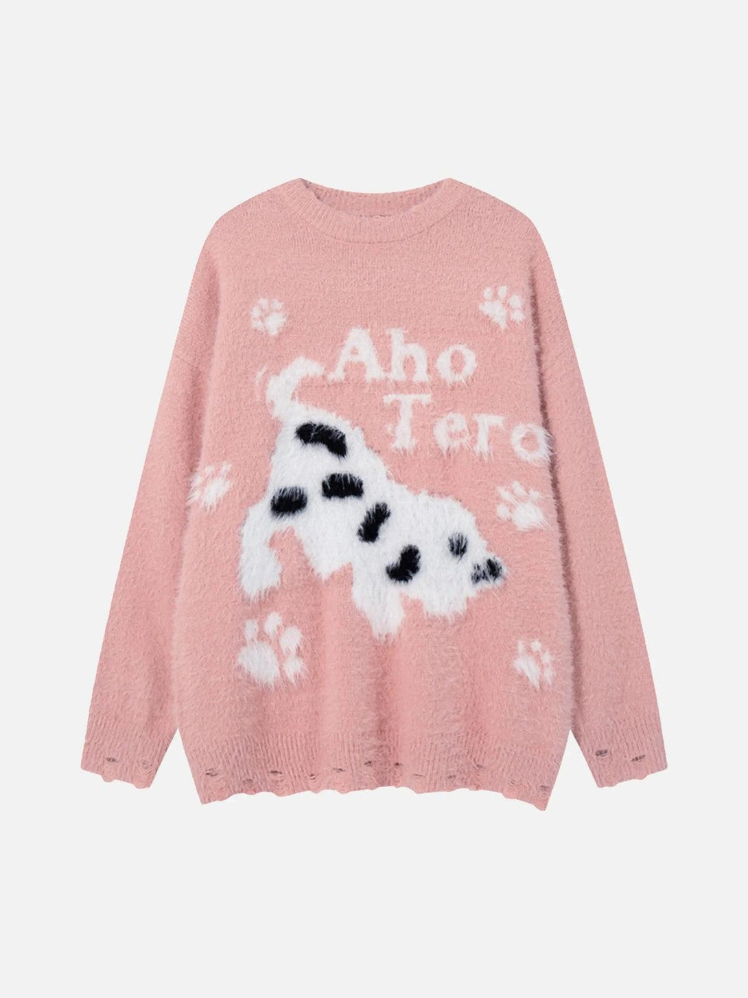 Front view of TALISHKO's pink sweater featuring a playful spotted puppy and paw print design.