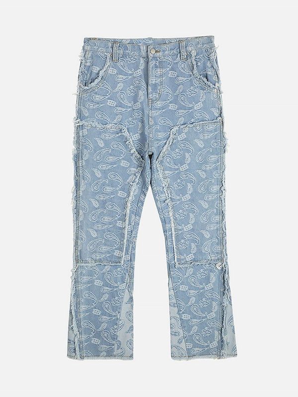 Front view of blue cashew flower cut jeans by TALISHKO, featuring a unique paisley pattern.