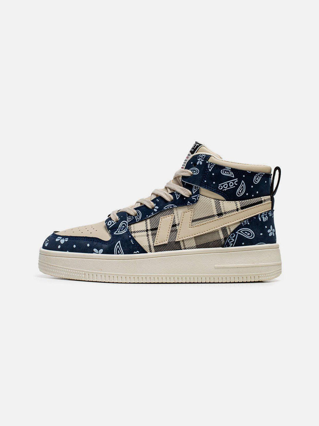 High-top platform sports shoe by TALISHKO, showcasing blue paisley and plaid patterns.
