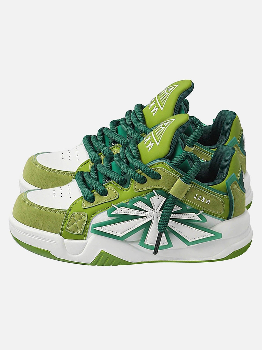 Front view of green casual preppy sneakers by TALISHKO, featuring bold street-inspired details.