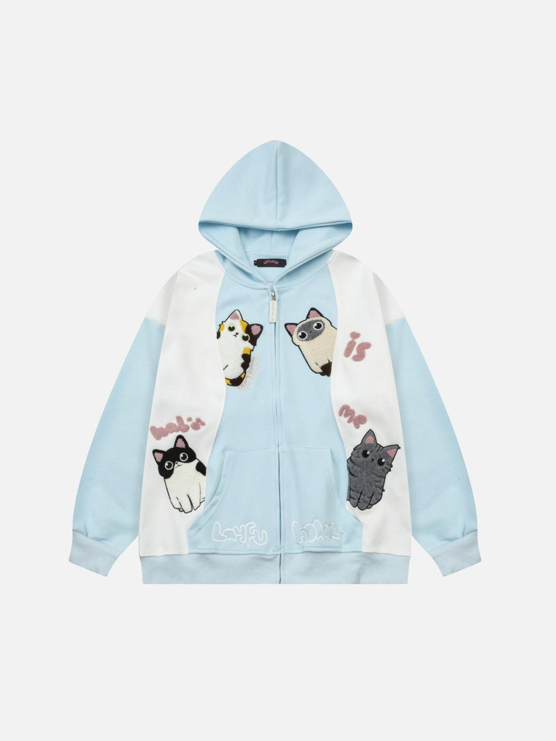 Front view of a blue cat-themed hoodie by TALISHKO, featuring playful contrast designs.