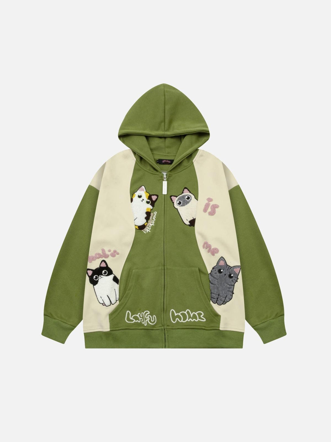 Front view of a green cat-themed hoodie by TALISHKO, featuring playful contrast designs.
