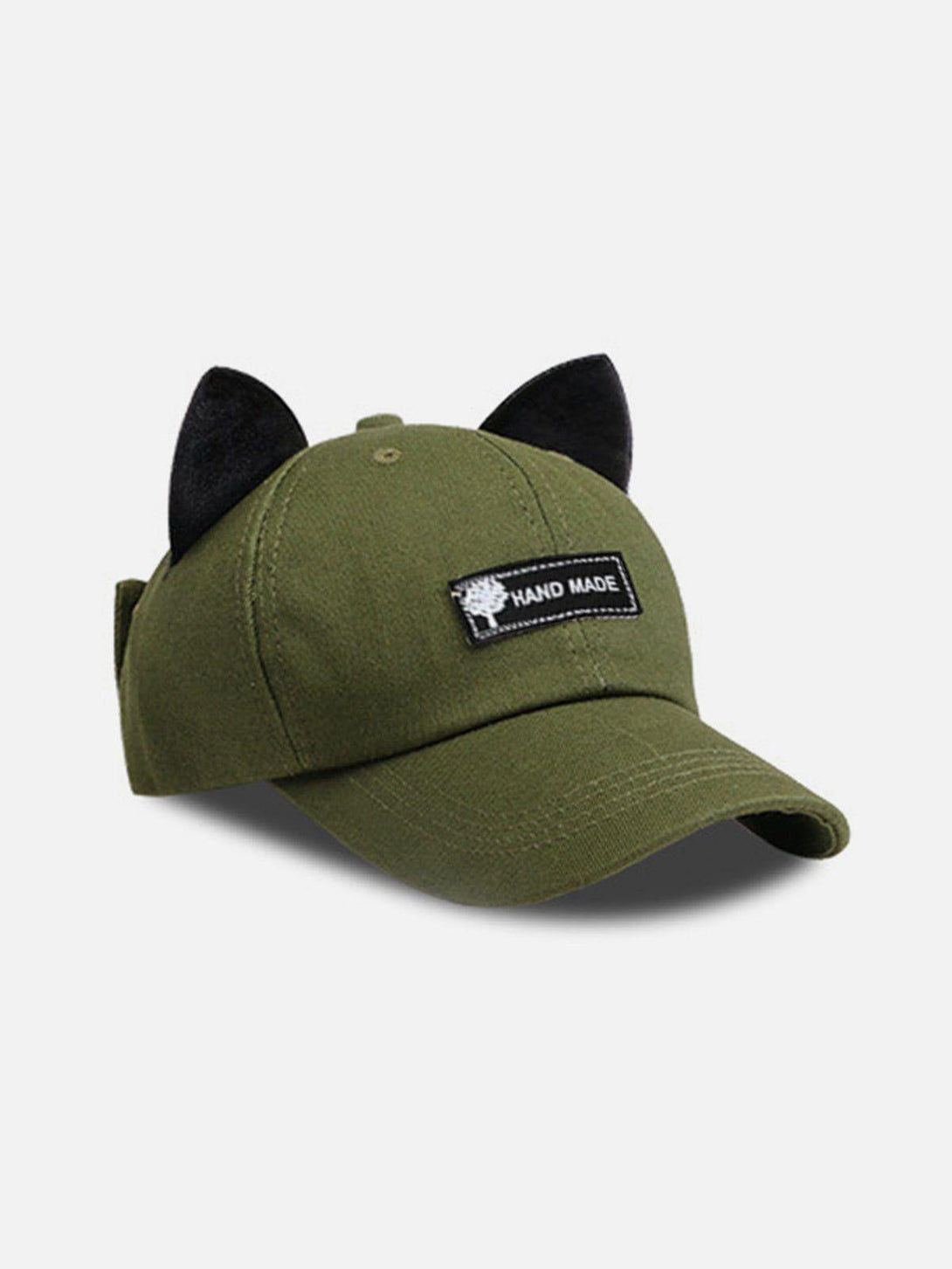 TALISHKO army green baseball hat with cat ears, front view showcasing playful design.