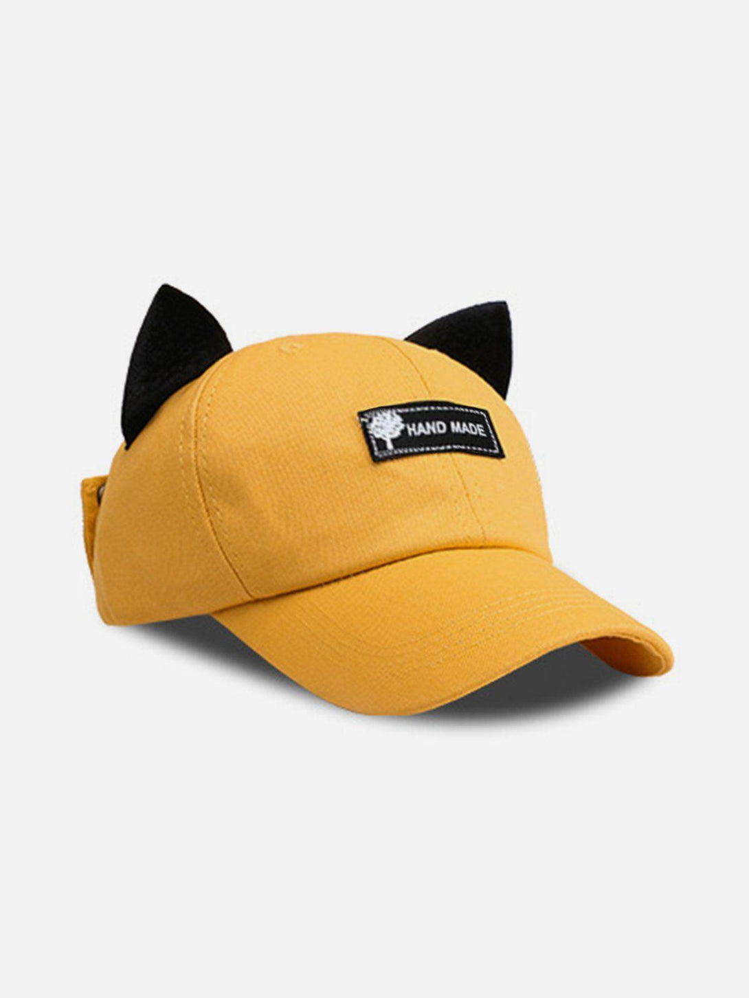 Yellow baseball hat with playful cat ears, front view, designed by TALISHKO.