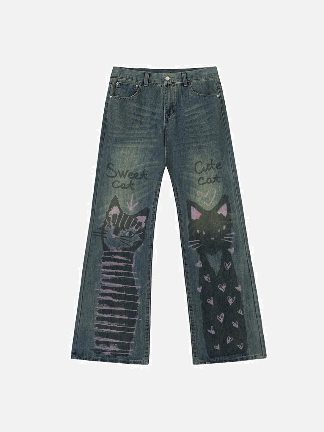 Front view of blue cat graffiti print jeans by TALISHKO, adding a playful touch to casual wear.